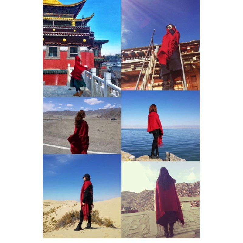 ❤️現貨在台，酒紅 圍巾 流蘇 百搭 披肩 圍脖 保暖 加厚 披風-細節圖7
