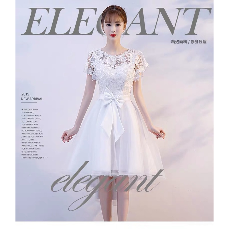 🌟心儀 現貨在台，黑S白L 伴娘 禮服 婚紗 新娘 敬酒 宴會 顯瘦 前短後長 連衣裙 蝴蝶結 鈎花 洋裝 蕾絲 大紅-細節圖4