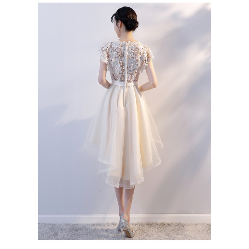 🌟心儀 現貨在台，黑S白L 伴娘 禮服 婚紗 新娘 敬酒 宴會 顯瘦 前短後長 連衣裙 蝴蝶結 鈎花 洋裝 蕾絲 大紅-細節圖5