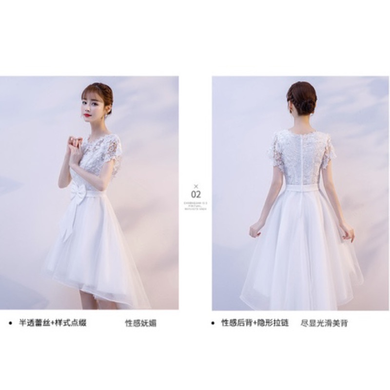 🌟心儀 現貨在台，黑S白L 伴娘 禮服 婚紗 新娘 敬酒 宴會 顯瘦 前短後長 連衣裙 蝴蝶結 鈎花 洋裝 蕾絲 大紅-細節圖8