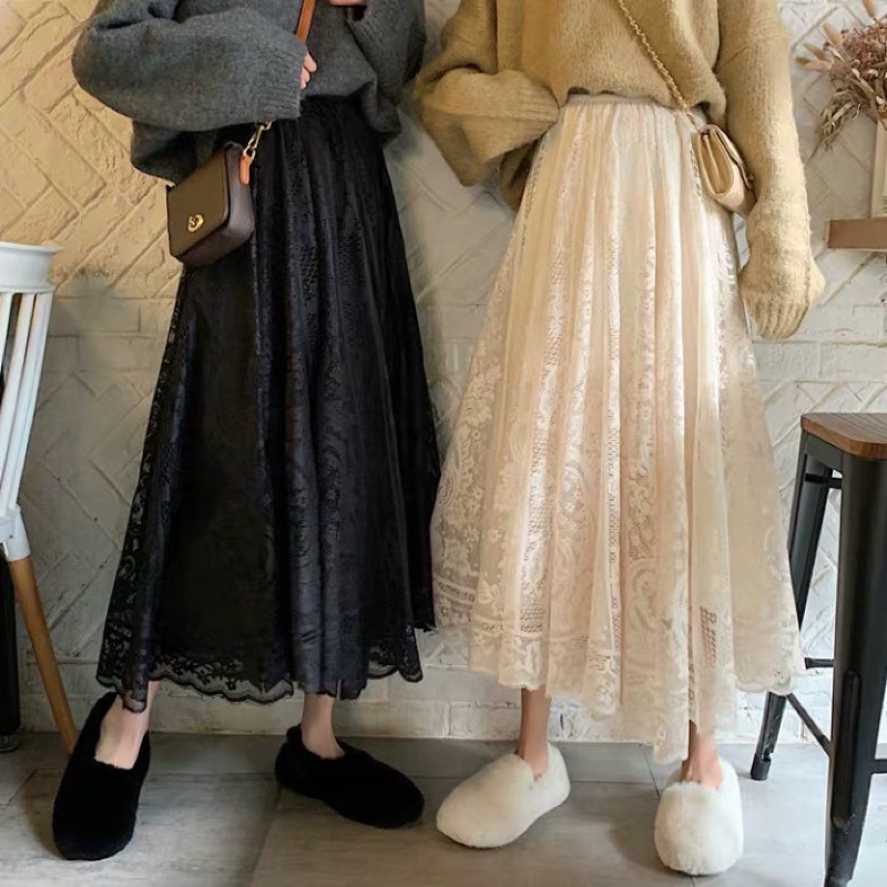 ❤️現貨在台，杏 甜美 閨蜜 蕾絲 半身裙 高腰 顯瘦 仙女 長裙 半身裙 飄逸 大擺-細節圖3