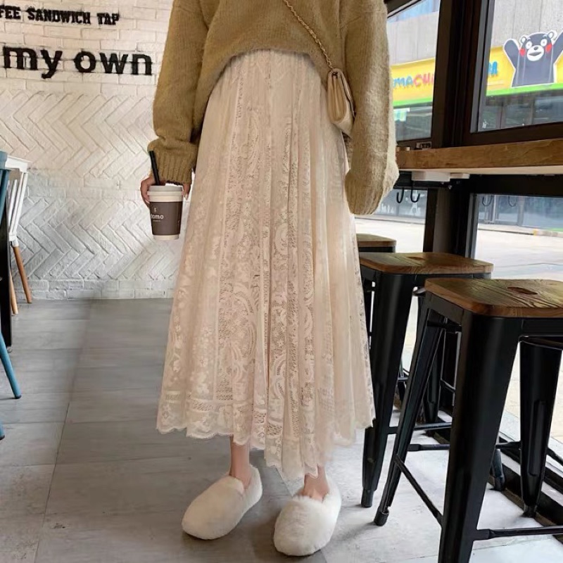 ❤️現貨在台，杏 甜美 閨蜜 蕾絲 半身裙 高腰 顯瘦 仙女 長裙 半身裙 飄逸 大擺-細節圖4