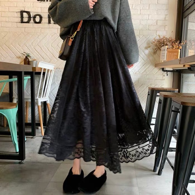 ❤️現貨在台，杏 甜美 閨蜜 蕾絲 半身裙 高腰 顯瘦 仙女 長裙 半身裙 飄逸 大擺-細節圖5