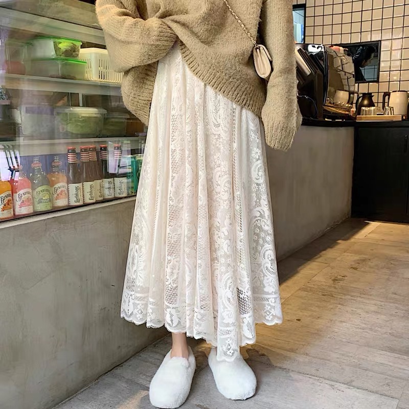 ❤️現貨在台，杏 甜美 閨蜜 蕾絲 半身裙 高腰 顯瘦 仙女 長裙 半身裙 飄逸 大擺-細節圖6