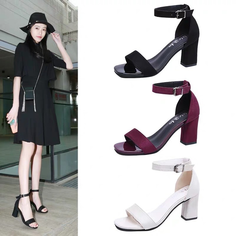 ❤️黑.酒紅34-40 涼鞋 高質感 性感 中跟 粗跟 百搭 露趾 一字扣帶 羅馬 高跟鞋-細節圖3