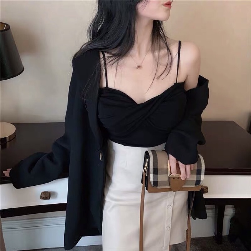 ❤️現貨在台，紫.粉紅.酒紅.黑 復古 交叉 針織 內搭 抹胸 吊帶 背心 顯瘦 短版 背心 細肩帶 抹胸 上衣-細節圖2