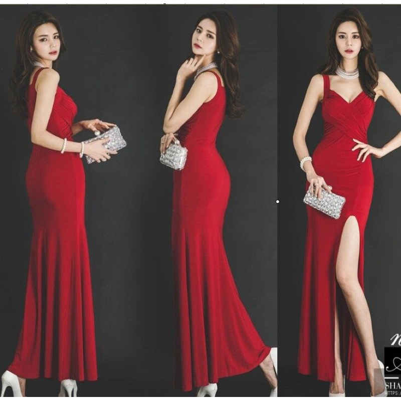❤️現貨在台，紅 性感 女神 包臀 禮服 連衣裙 名媛 V領 吊帶 修身 不規則 開叉 長裙 包臀 無袖 新娘 大紅-細節圖2
