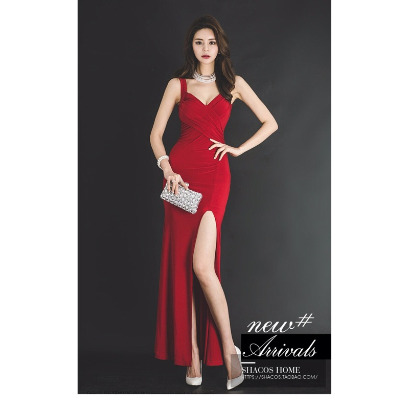 ❤️現貨在台，紅 性感 女神 包臀 禮服 連衣裙 名媛 V領 吊帶 修身 不規則 開叉 長裙 包臀 無袖 新娘 大紅-細節圖3
