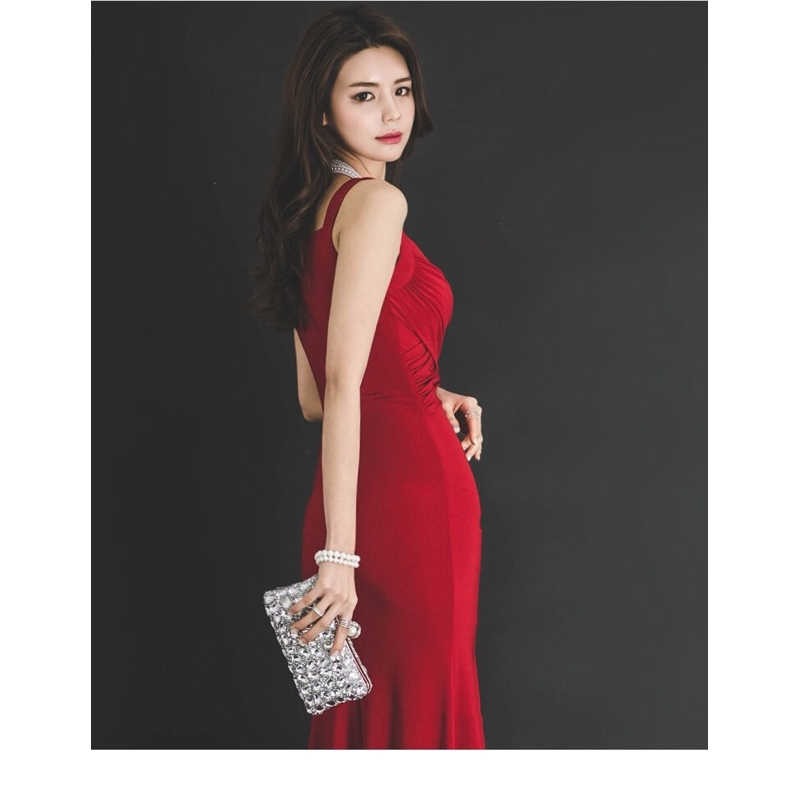 ❤️現貨在台，紅 性感 女神 包臀 禮服 連衣裙 名媛 V領 吊帶 修身 不規則 開叉 長裙 包臀 無袖 新娘 大紅-細節圖4