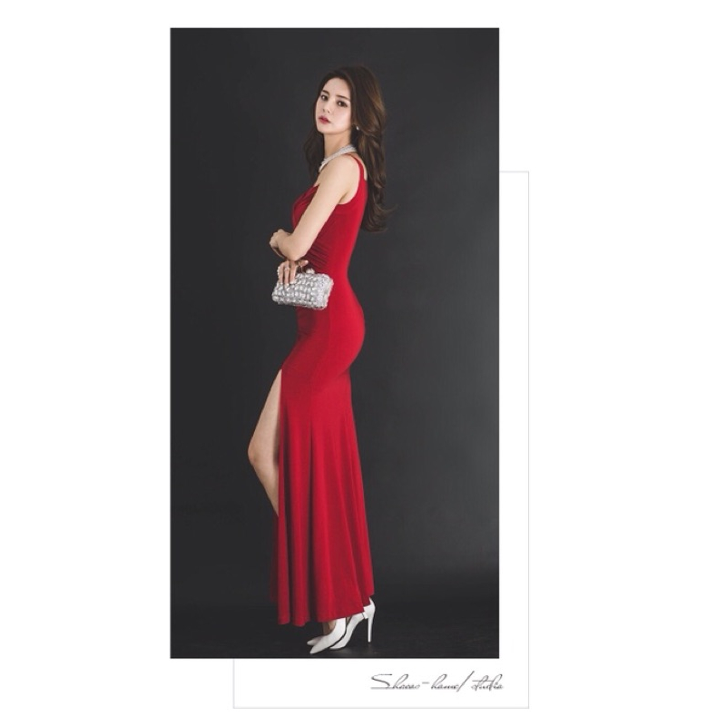 ❤️現貨在台，紅 性感 女神 包臀 禮服 連衣裙 名媛 V領 吊帶 修身 不規則 開叉 長裙 包臀 無袖 新娘 大紅-細節圖5