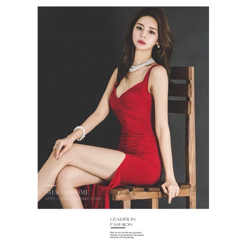 ❤️現貨在台，紅 性感 女神 包臀 禮服 連衣裙 名媛 V領 吊帶 修身 不規則 開叉 長裙 包臀 無袖 新娘 大紅-細節圖6