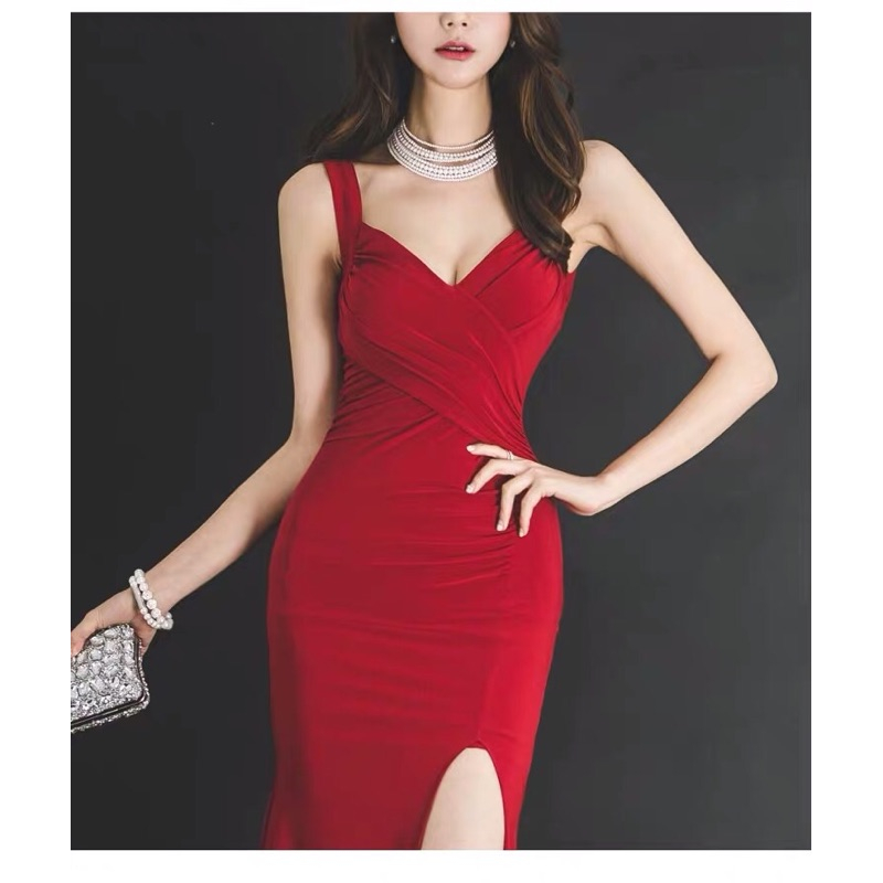 ❤️現貨在台，紅 性感 女神 包臀 禮服 連衣裙 名媛 V領 吊帶 修身 不規則 開叉 長裙 包臀 無袖 新娘 大紅-細節圖7