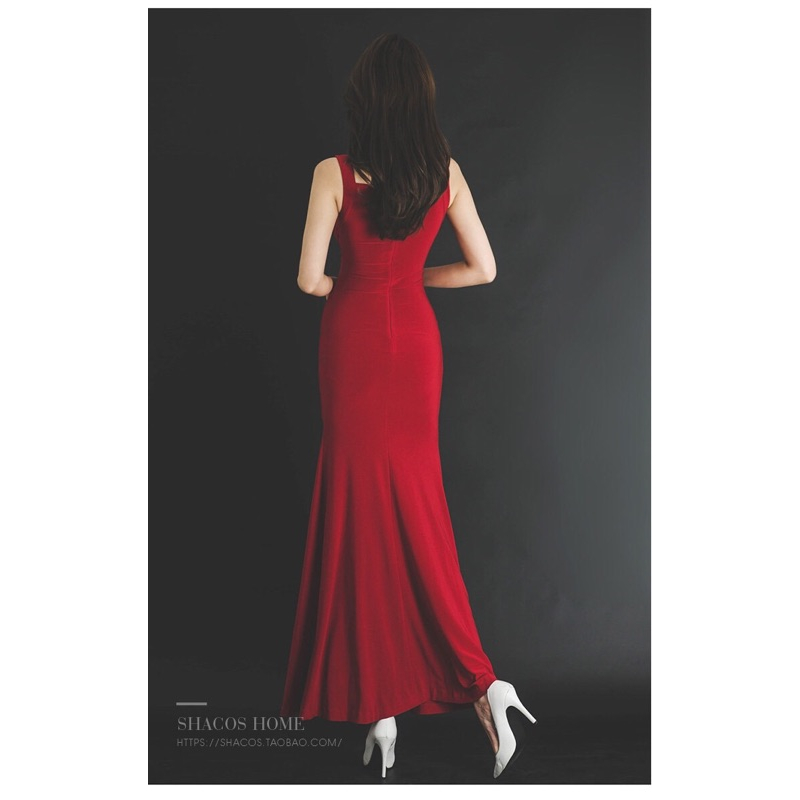 ❤️現貨在台，紅 性感 女神 包臀 禮服 連衣裙 名媛 V領 吊帶 修身 不規則 開叉 長裙 包臀 無袖 新娘 大紅-細節圖8