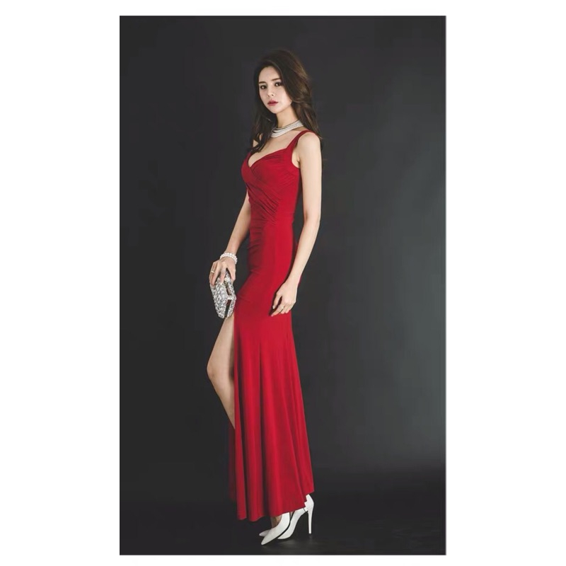 ❤️現貨在台，紅 性感 女神 包臀 禮服 連衣裙 名媛 V領 吊帶 修身 不規則 開叉 長裙 包臀 無袖 新娘 大紅-細節圖9
