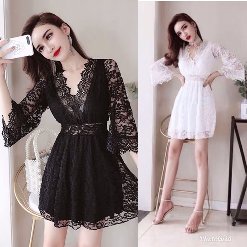 ❤️現貨在台，白.黑S.M.L.XL 連衣裙 韓版 時尚 氣質 深v V領 蕾絲 收腰 顯瘦 公主 女神 婚宴 禮服-細節圖2