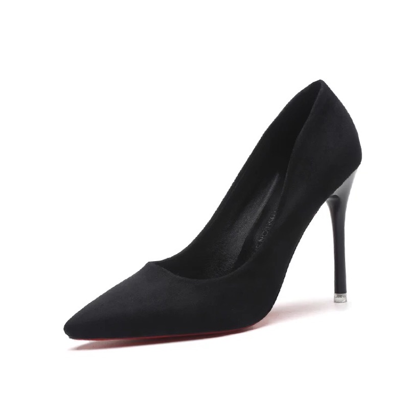 *現貨在台，黑35粉35.36.38綠 細跟高跟鞋 尖頭 洋裝 禮服 婚宴 紅底 女神 絨面 夜店-細節圖5