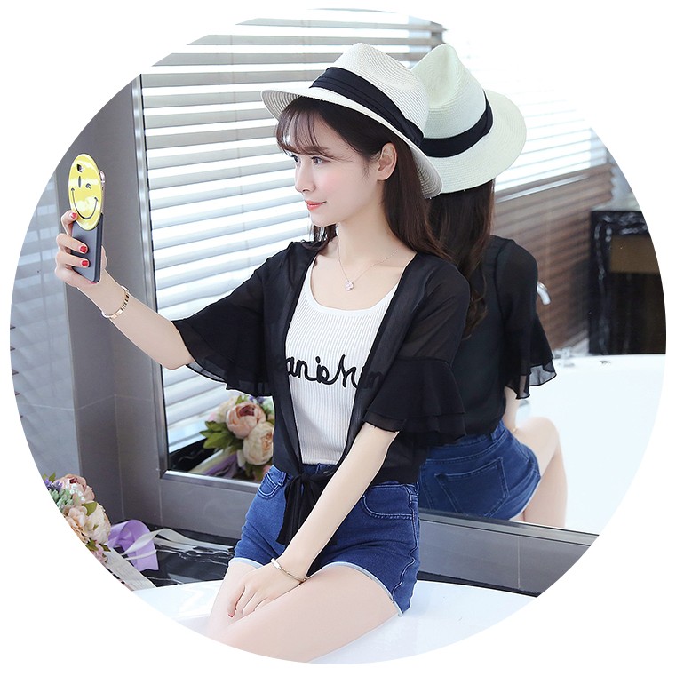 *現貨在台，黑.白S- 2XL.3XL 雪紡 小披肩 短外套 中大尺碼 小外套 禮服 罩衫 短版 花邊 新娘 伴娘-細節圖2