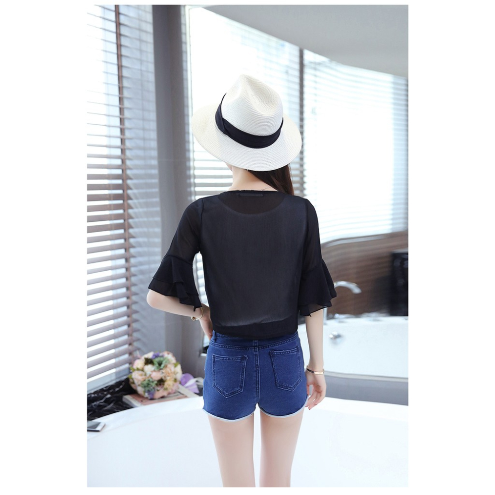 *現貨在台，黑.白S- 2XL.3XL 雪紡 小披肩 短外套 中大尺碼 小外套 禮服 罩衫 短版 花邊 新娘 伴娘-細節圖8