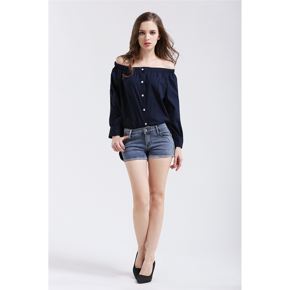 *現貨在台 深藍 性感 女神 平口 一字領 寬鬆 襯衫 女神 休閒 百搭-細節圖2