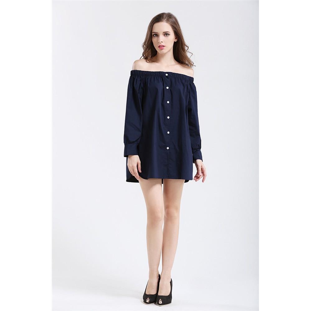 *現貨在台 深藍 性感 女神 平口 一字領 寬鬆 襯衫 女神 休閒 百搭-細節圖3