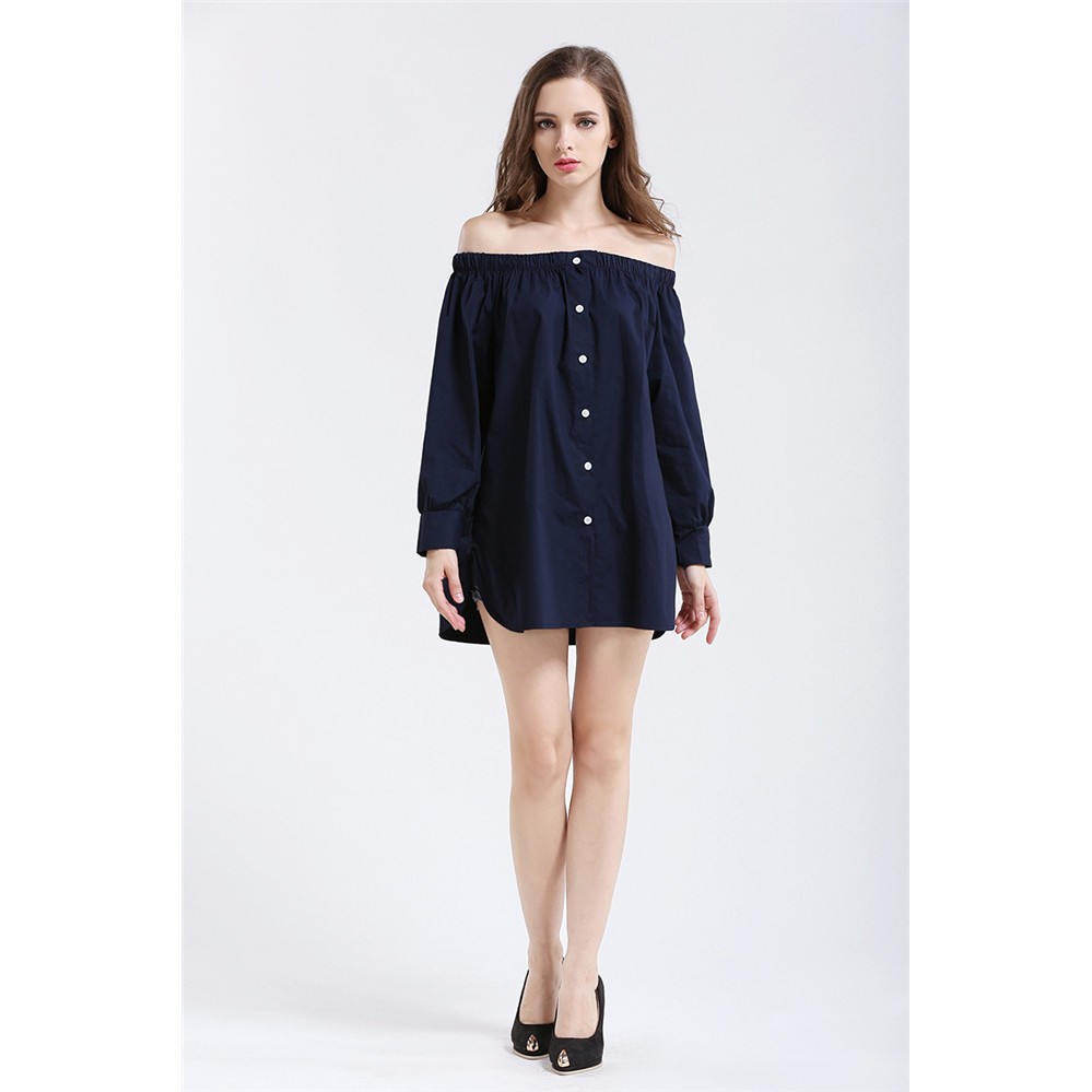 *現貨在台 深藍 性感 女神 平口 一字領 寬鬆 襯衫 女神 休閒 百搭-細節圖4