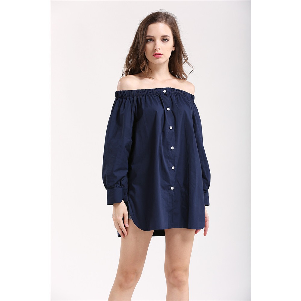 *現貨在台 深藍 性感 女神 平口 一字領 寬鬆 襯衫 女神 休閒 百搭-細節圖7