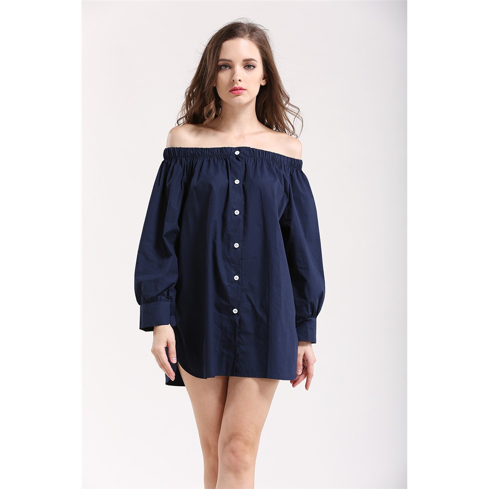 *現貨在台 深藍 性感 女神 平口 一字領 寬鬆 襯衫 女神 休閒 百搭-細節圖8