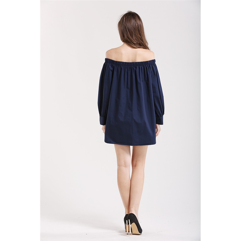 *現貨在台 深藍 性感 女神 平口 一字領 寬鬆 襯衫 女神 休閒 百搭-細節圖9