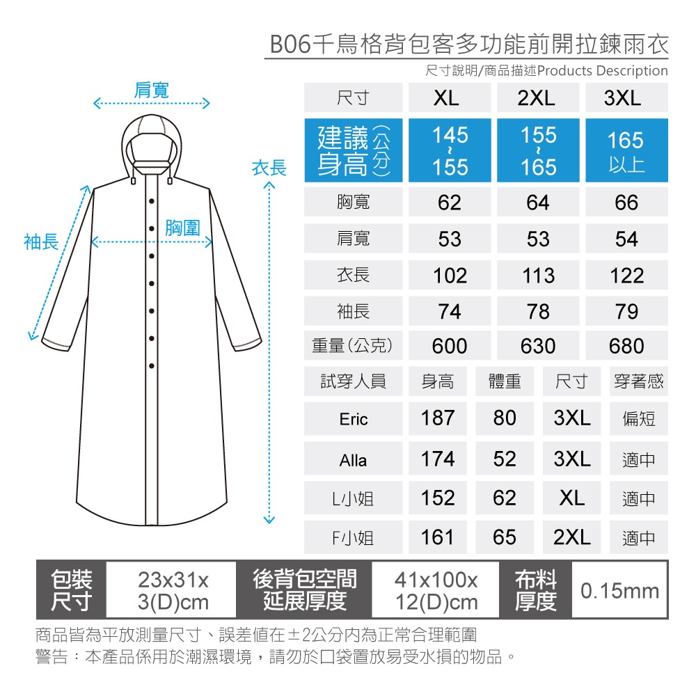 寶嘉尼BAOGANI-B06千鳥格背包客多功能前開拉鍊雨衣-細節圖9