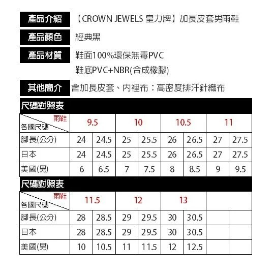 【CROWN JEWELS皇力牌】加長皮套男雨鞋-細節圖3