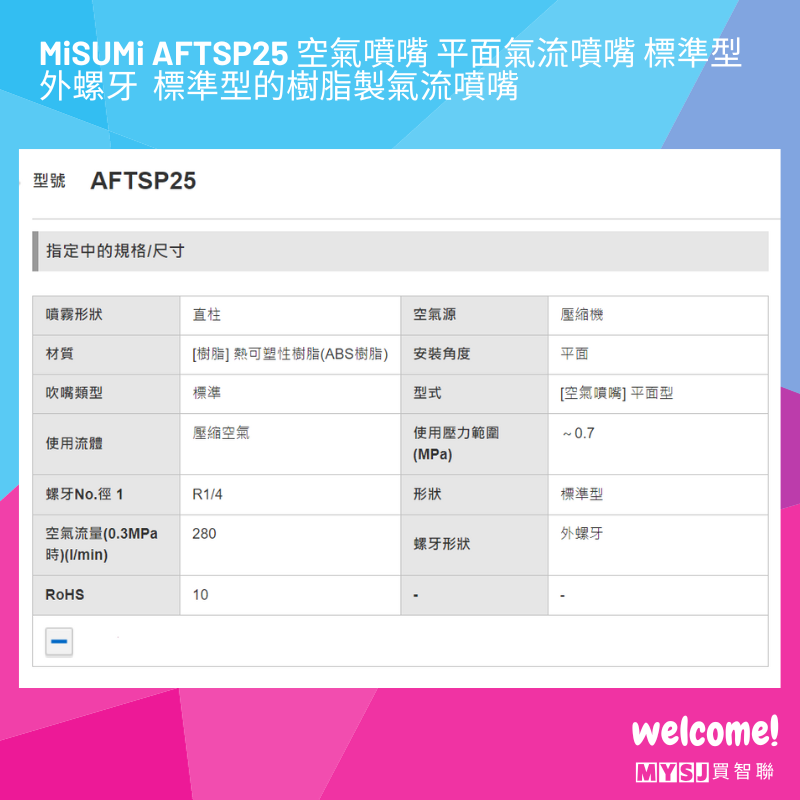 三住MiSUMi AFTSP25 空氣噴嘴 平面氣流噴嘴 標準型  外螺牙  標準型的樹脂製氣流噴嘴 【MYSJ買智聯】-細節圖3