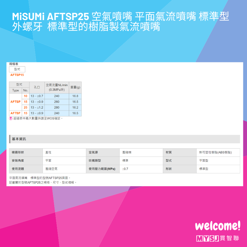 三住MiSUMi AFTSP25 空氣噴嘴 平面氣流噴嘴 標準型  外螺牙  標準型的樹脂製氣流噴嘴 【MYSJ買智聯】-細節圖4