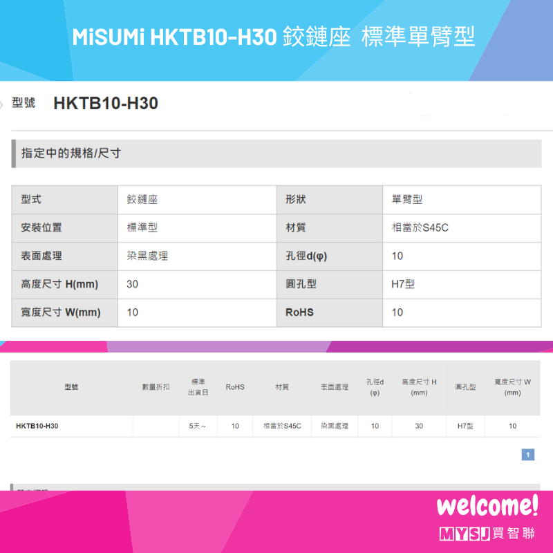 三住 MiSUMi HKTB10-H30 鉸鏈座  標準單臂型 【MYSJ買智聯】-細節圖4