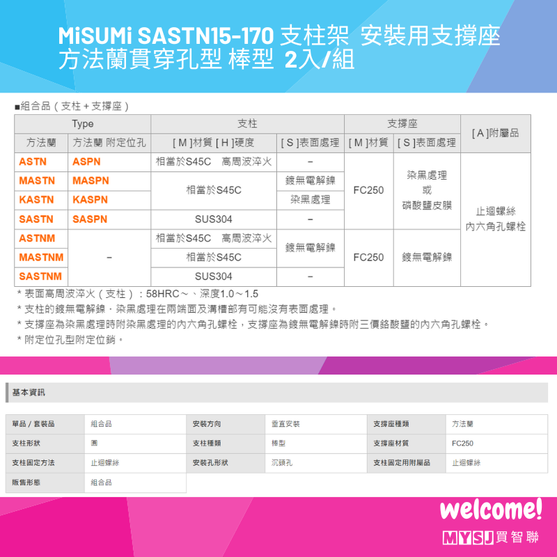 三住MiSUMi SASTN15-170 支柱架  安裝用支撐座  方法蘭貫穿孔型 棒型  2入/組 【MYSJ買智聯】-細節圖6