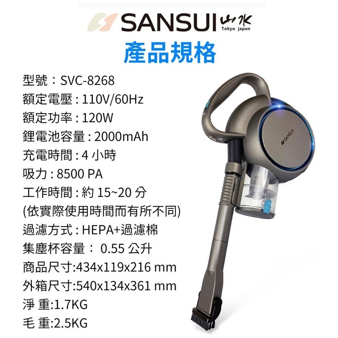 【超便宜】全新-SANSUI山水 小蝸牛無刷馬達無線手持吸塵器 SVC-8268 吸塵器-細節圖7