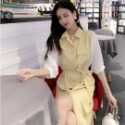 ＃拼色甜美連衣裙女夏2022新款韓版氣質系帶收腰顯瘦中長款連衣裙-規格圖2