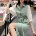 ＃拼色甜美連衣裙女夏2022新款韓版氣質系帶收腰顯瘦中長款連衣裙-規格圖2