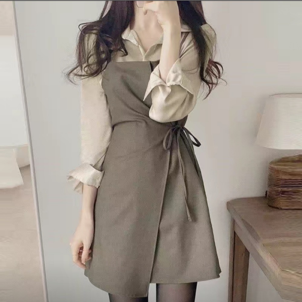 ＃韓國chic法式小眾側邊綁帶吊帶連連衣裙+純色氣質襯衫兩件套女-細節圖2