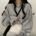 ＃2023春季新款韓版學院風設計感寬松百搭小眾燈籠袖條紋襯衫上衣女-規格圖2