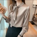 #套頭襯衫女長袖2023秋裝新款飄帶上衣氣質純色醋酸緞面襯衣通勤-規格圖2