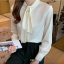 #套頭襯衫女長袖2023秋裝新款飄帶上衣氣質純色醋酸緞面襯衣通勤-規格圖2