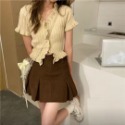 #甜辣風高腰百褶半身裙套裝女夏季新款辣妹炸街木耳邊短袖開衫上衣-規格圖3