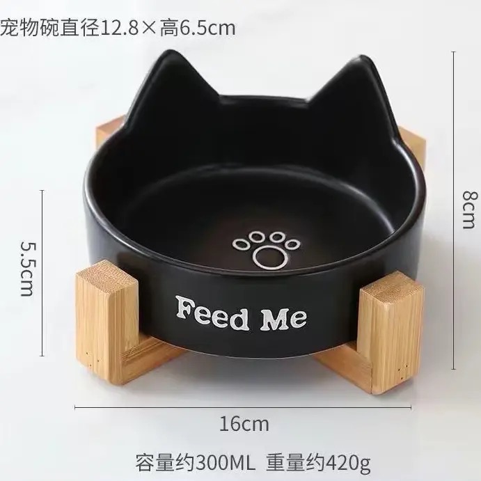 ✨預購✨貓耳陶瓷寵物碗+木頭架-細節圖3