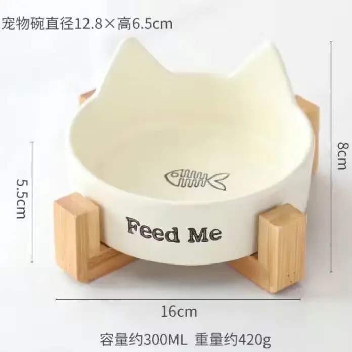 ✨預購✨貓耳陶瓷寵物碗+木頭架-細節圖4