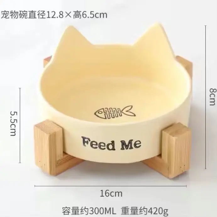 ✨預購✨貓耳陶瓷寵物碗+木頭架-細節圖5