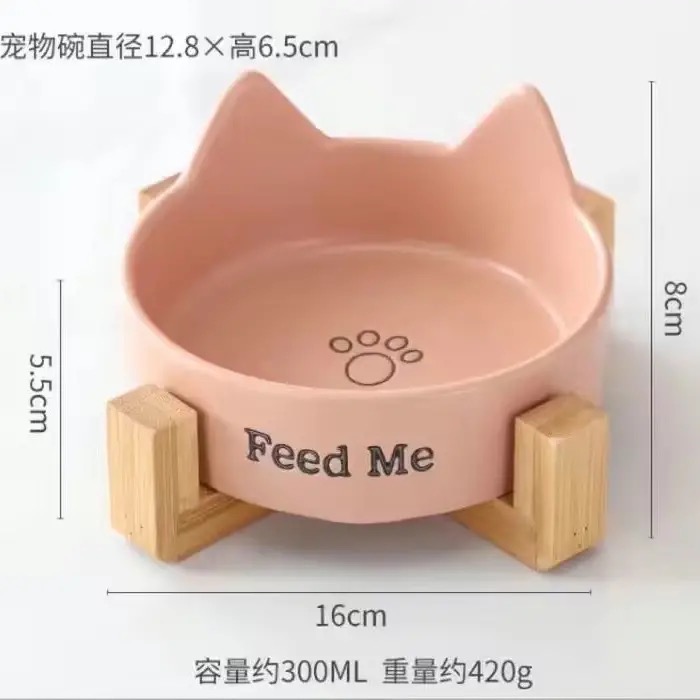 ✨預購✨貓耳陶瓷寵物碗+木頭架-細節圖6