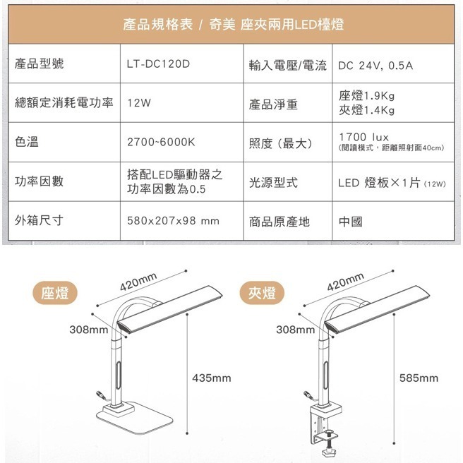 【CHIMEI奇美】桌夾兩用LED檯燈 LT-DC120D-細節圖10