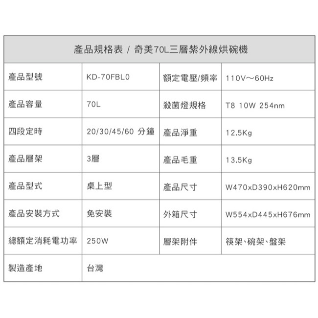 【CHIMEI奇美】70L三層紫外線烘碗機 KD-70FBL0-細節圖11