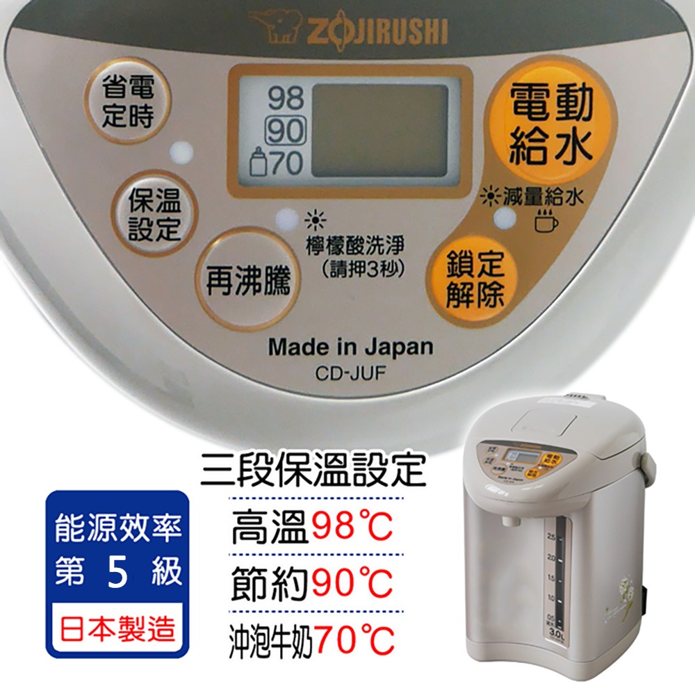 【ZOJIRUSHI象印】3.0L微電腦三段定溫電熱水瓶 CD-JUF30-細節圖3