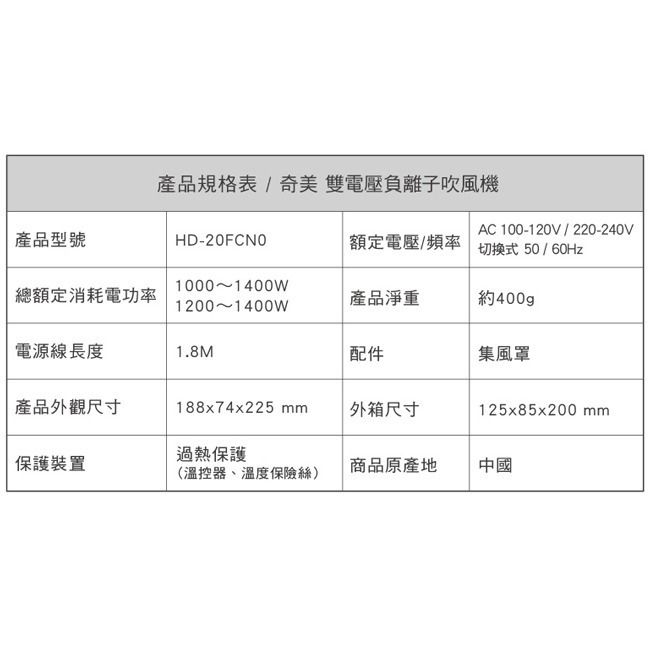 【CHIMEI奇美】雙電壓負離子吹風機 HD-20FCN0-細節圖10